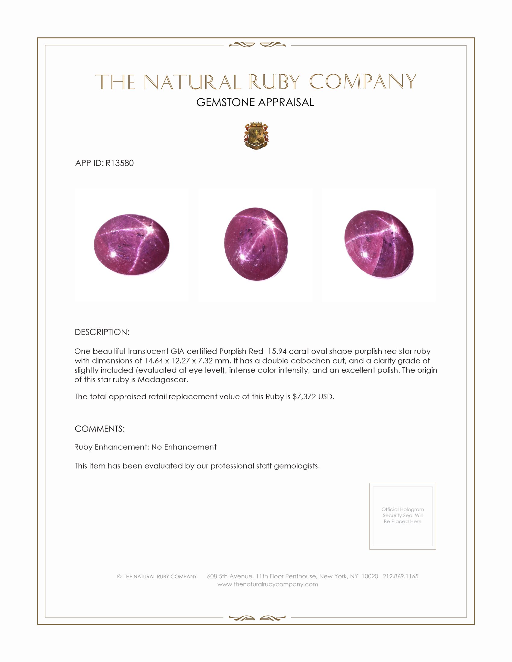 15.94 Ct. Star Ruby from Madagascar