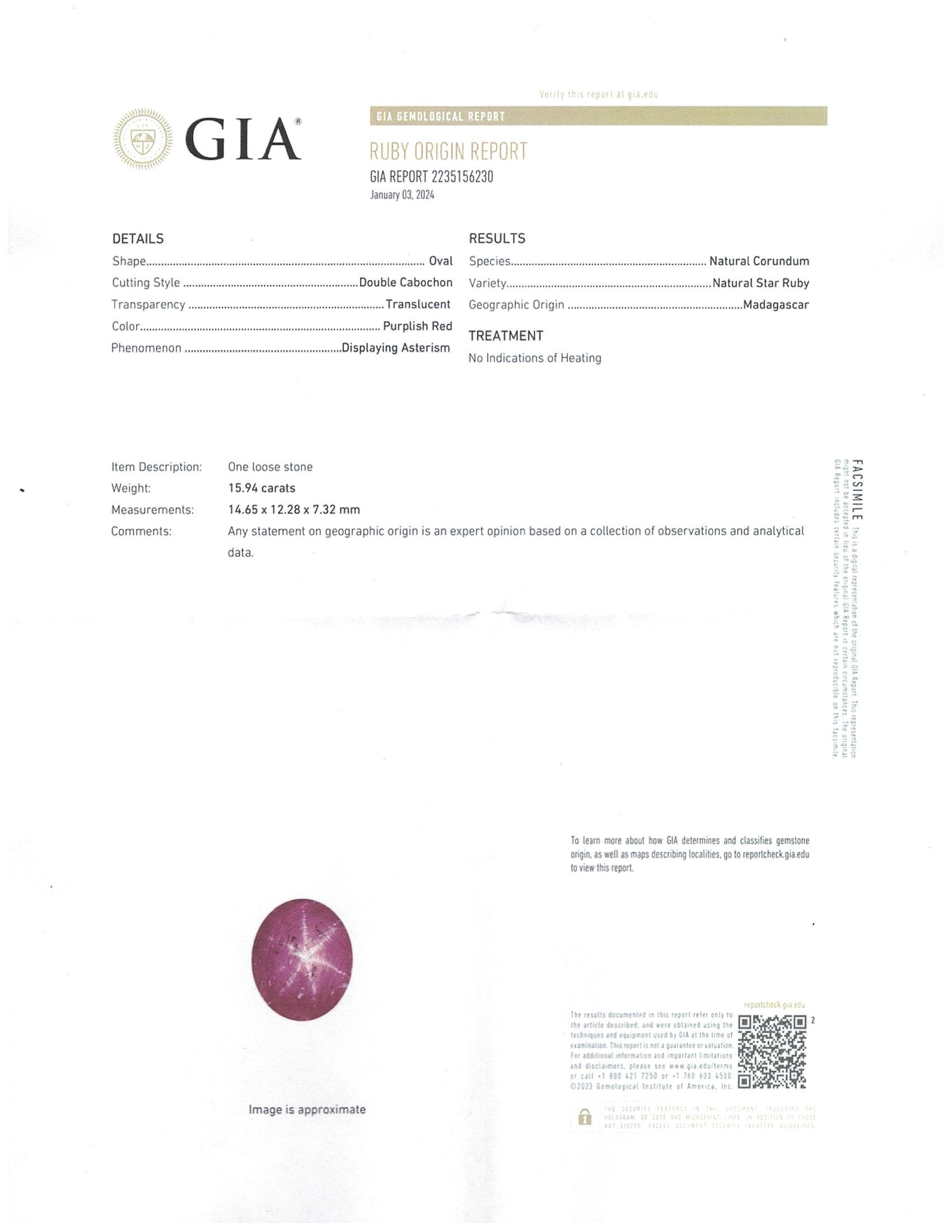 15.94 Ct. Purplish Red Cabochon Star Ruby from Madagascar