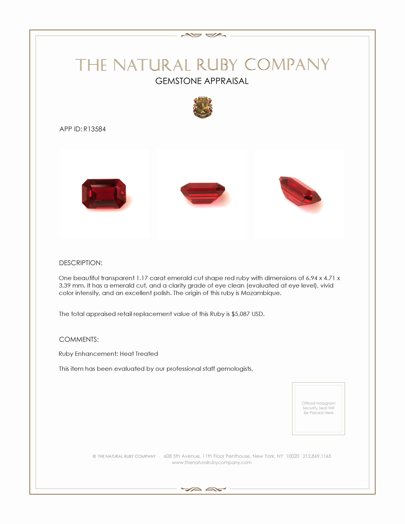 1.17 Ct. Ruby from Mozambique