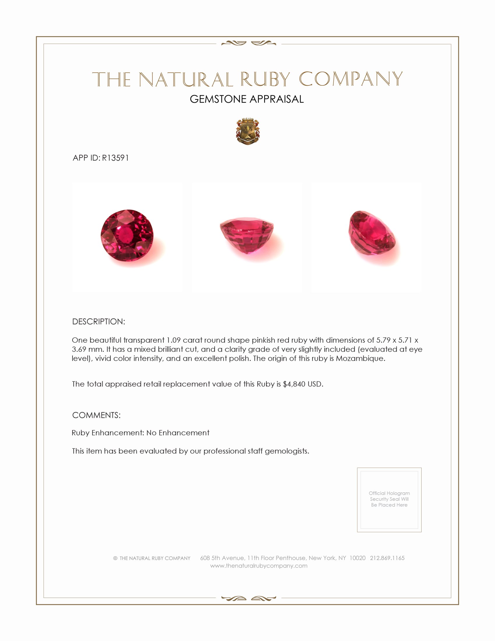 1.09 Ct. Ruby from Mozambique