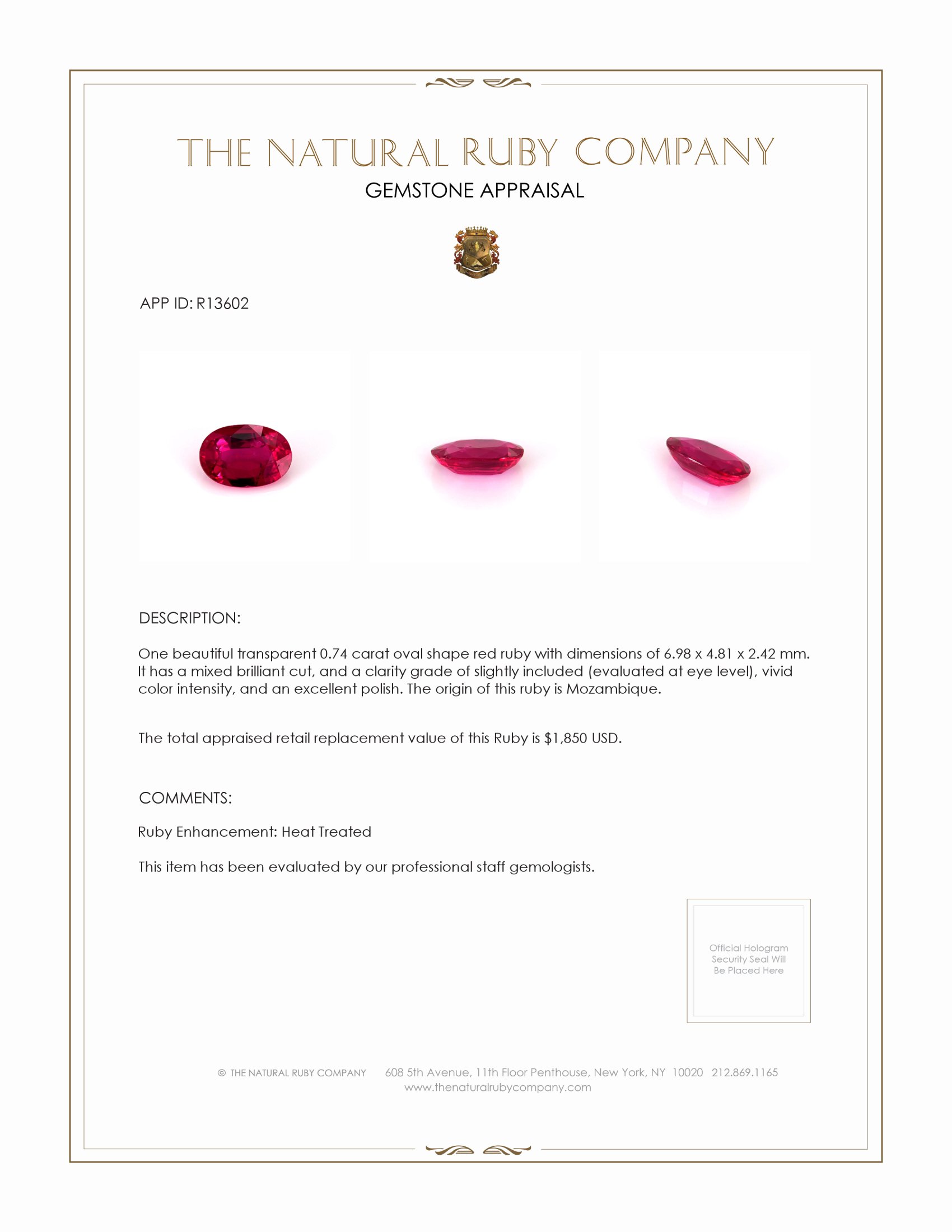 0.74 Ct. Ruby from Mozambique