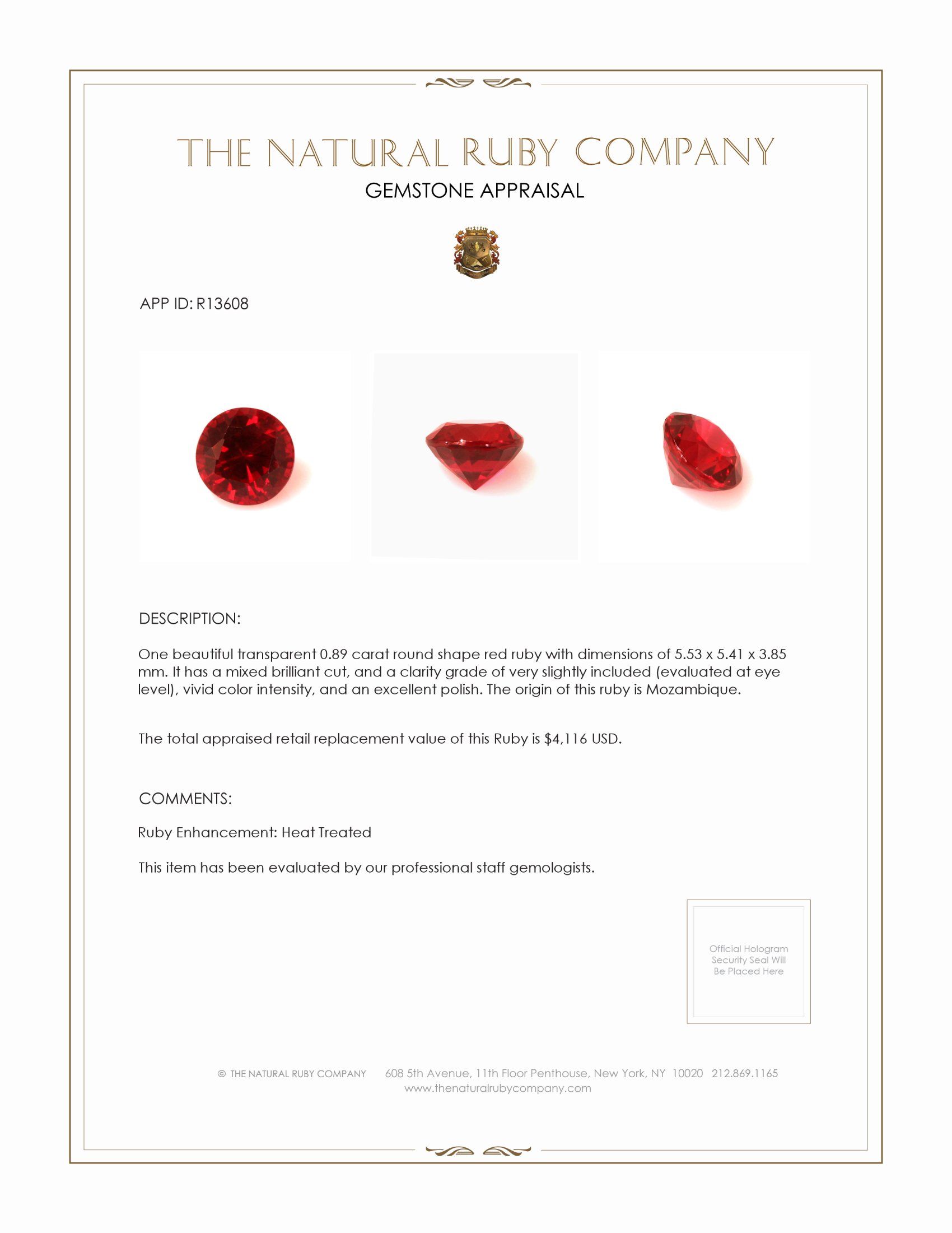 0.89 Ct. Ruby from Mozambique