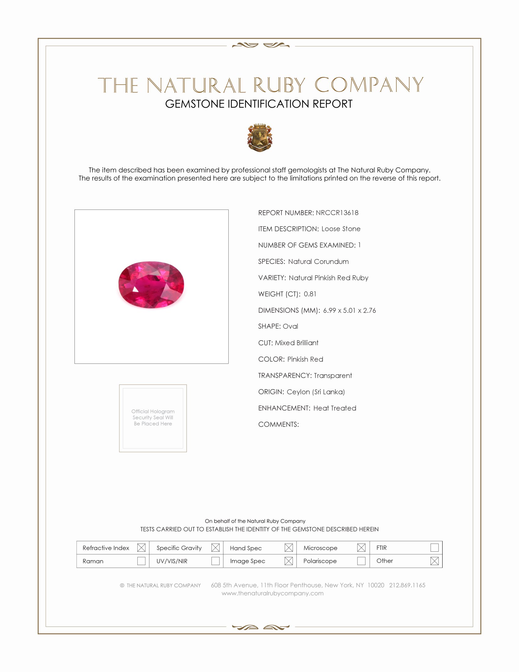 0.81 Ct. Pinkish Red Ruby from Ceylon (Sri Lanka)