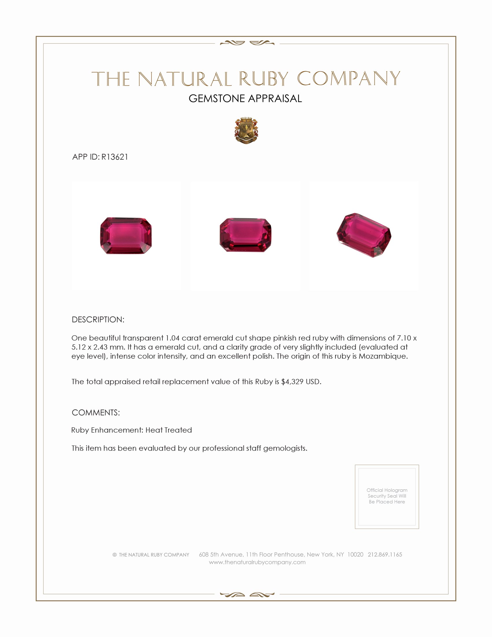 1.04 Ct. Pinkish Red Ruby from Mozambique