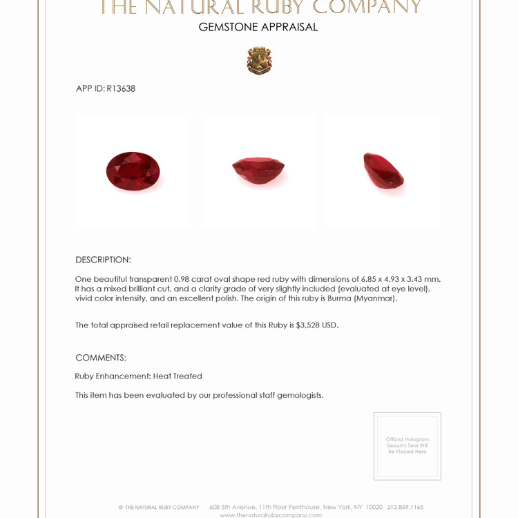 0.98 Ct. Ruby from Burma (Myanmar)