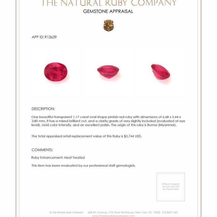 1.17 Ct. Ruby from Burma (Myanmar)