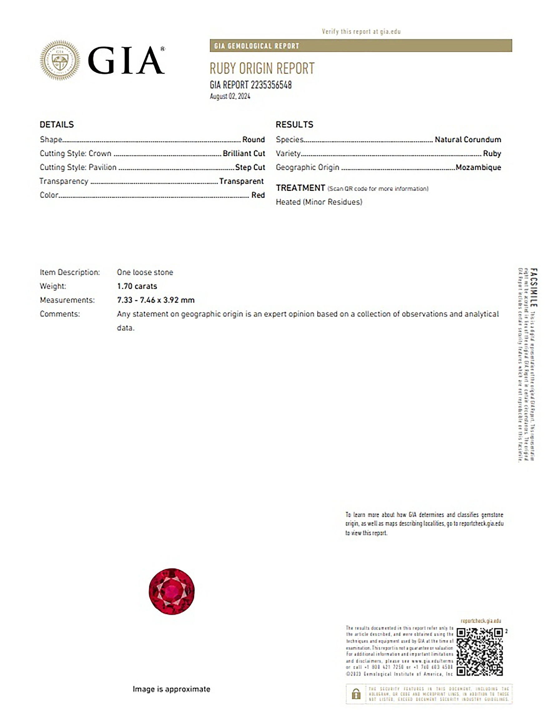 1.70 Ct. Ruby from Mozambique