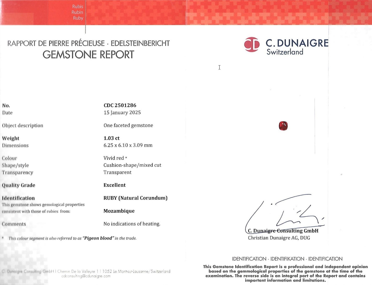 1.03 Ct. Ruby from Mozambique