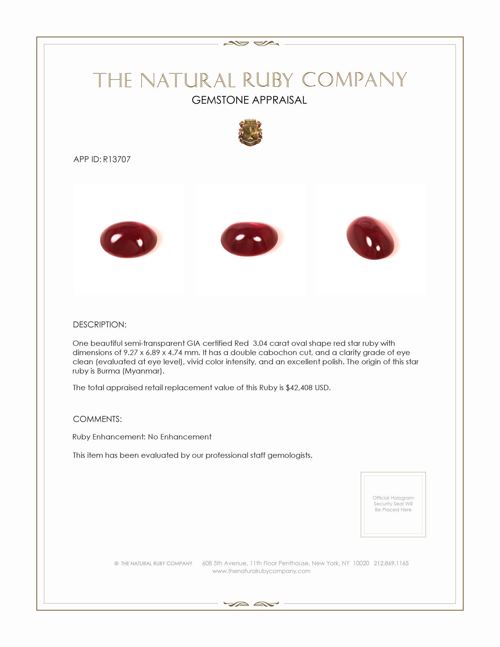 3.04 Ct. Star Ruby from Burma (Myanmar)