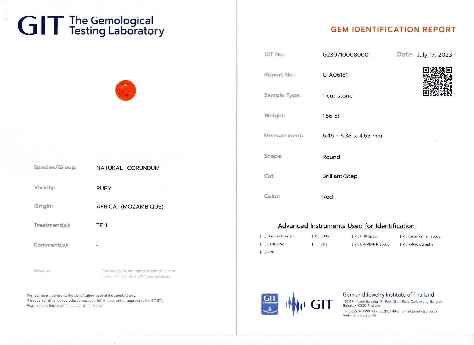 1.56 Ct. Ruby from Mozambique