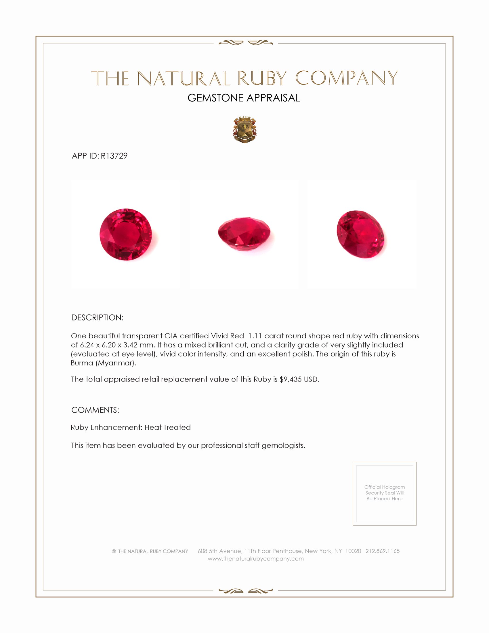 1.11 Ct. Ruby from Burma (Myanmar)