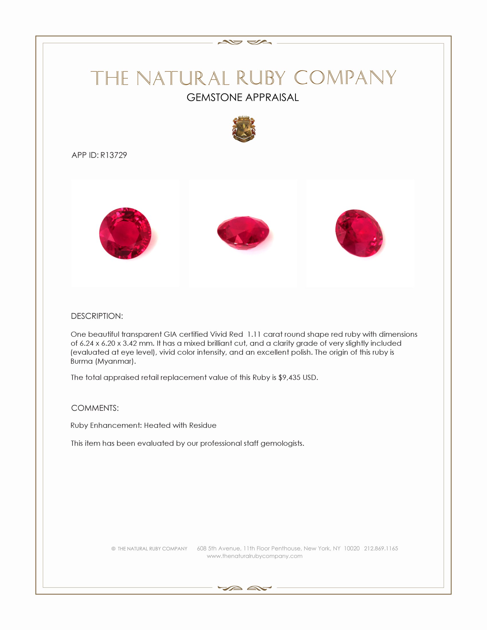 1.11 Ct. Ruby from Burma (Myanmar)