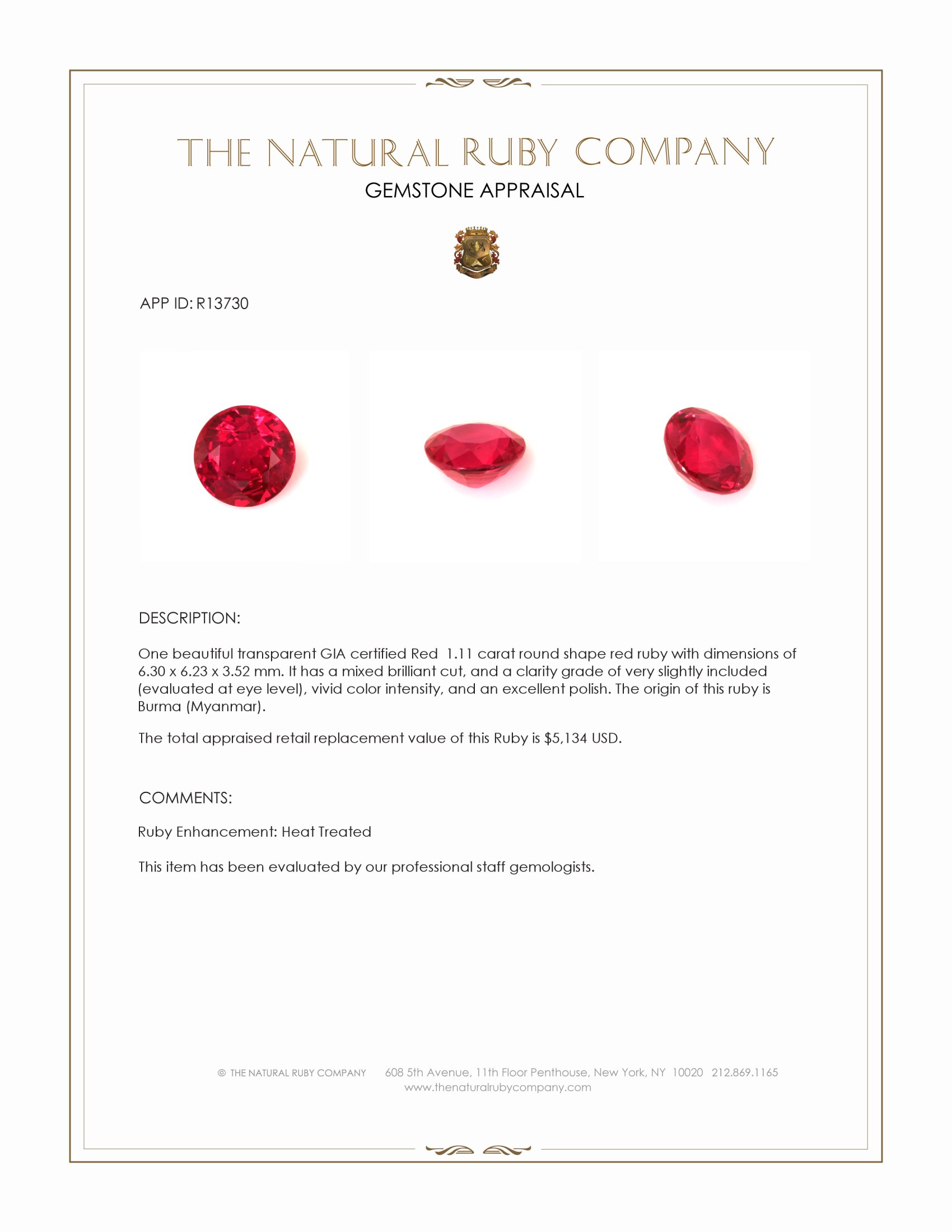 1.11 Ct. Ruby from Burma (Myanmar)