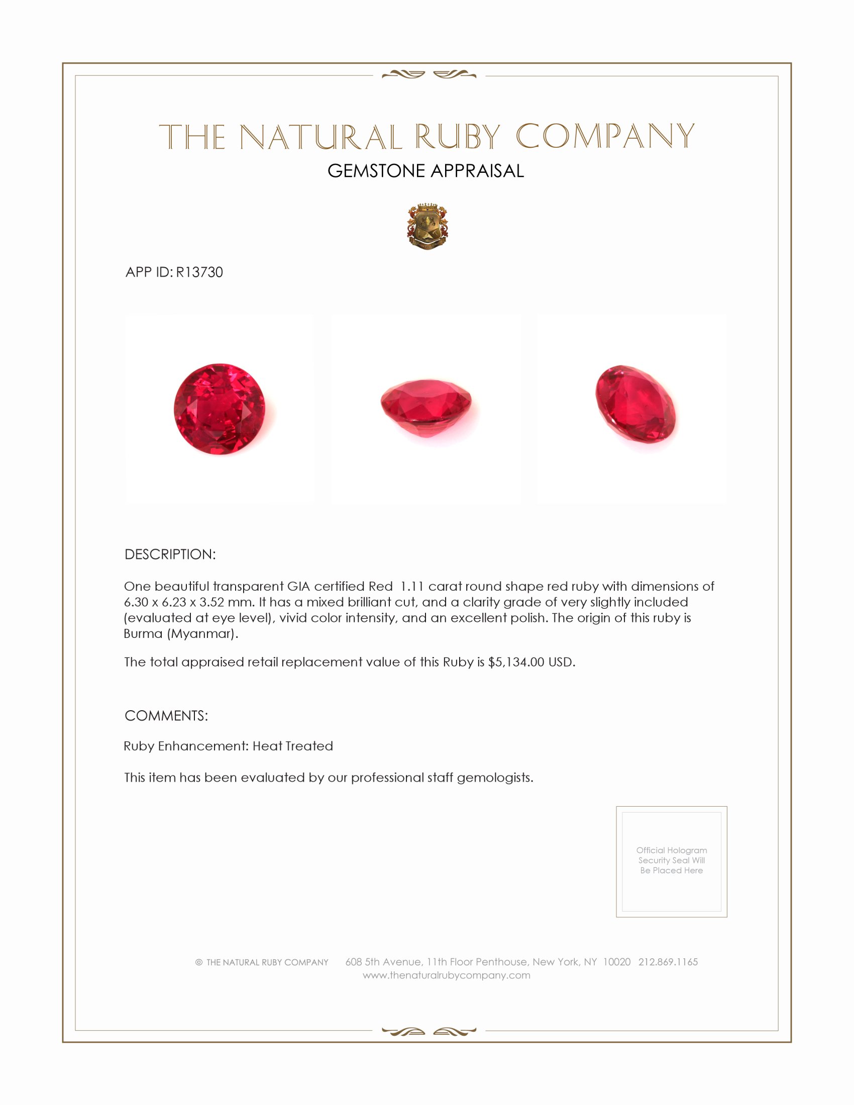 1.11 Ct. Ruby from Burma (Myanmar)