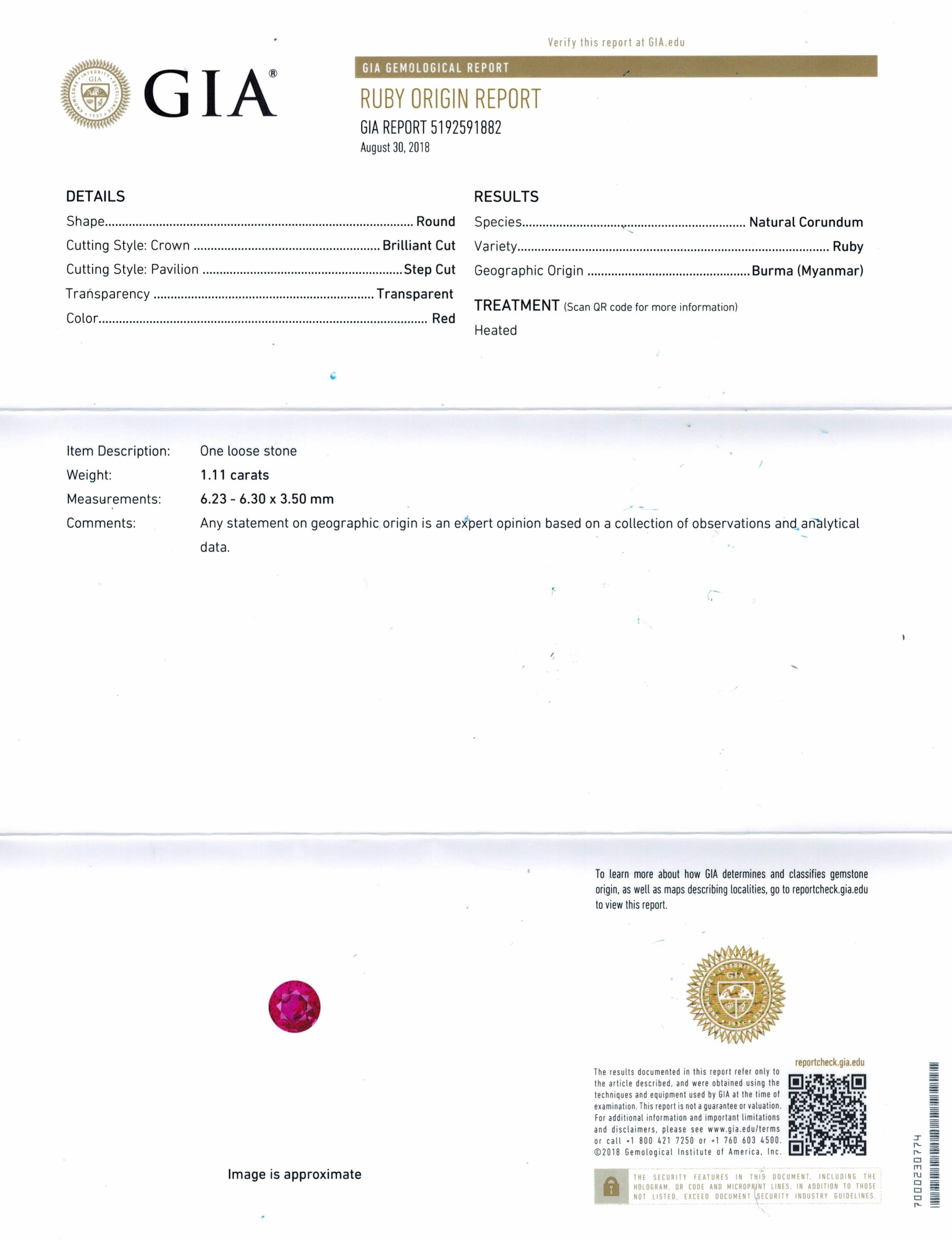 1.11 Ct. Ruby from Burma (Myanmar)