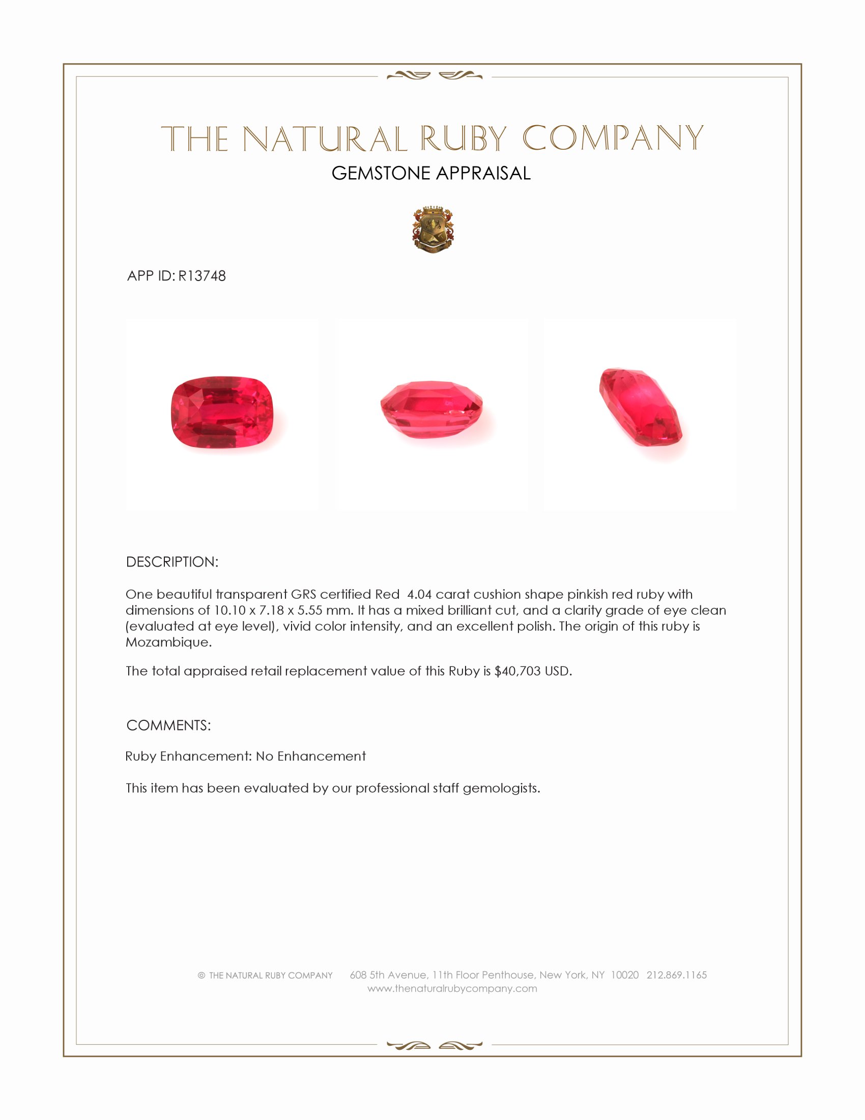 4.04 Ct. Pinkish Red Ruby from Mozambique