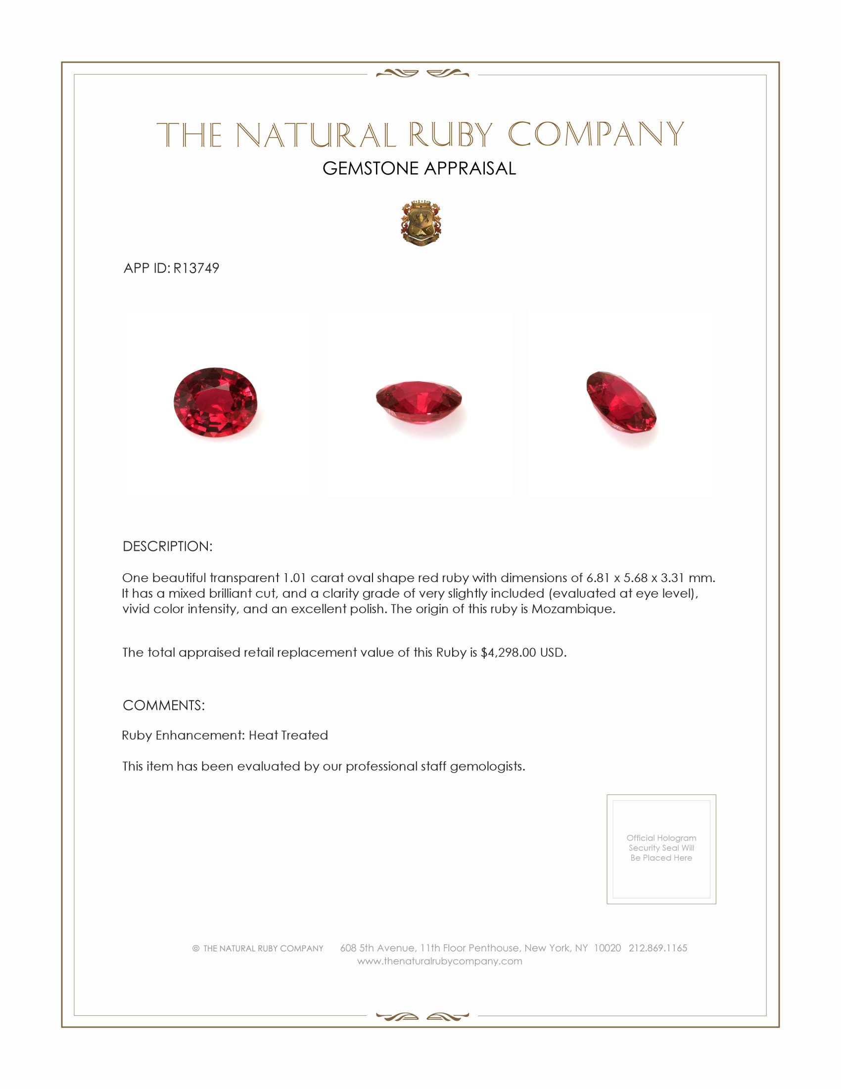 1.01 Ct. Ruby from Mozambique