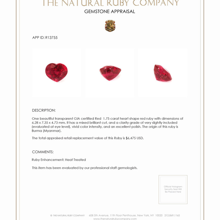 1.75 Ct. Ruby from Burma (Myanmar)