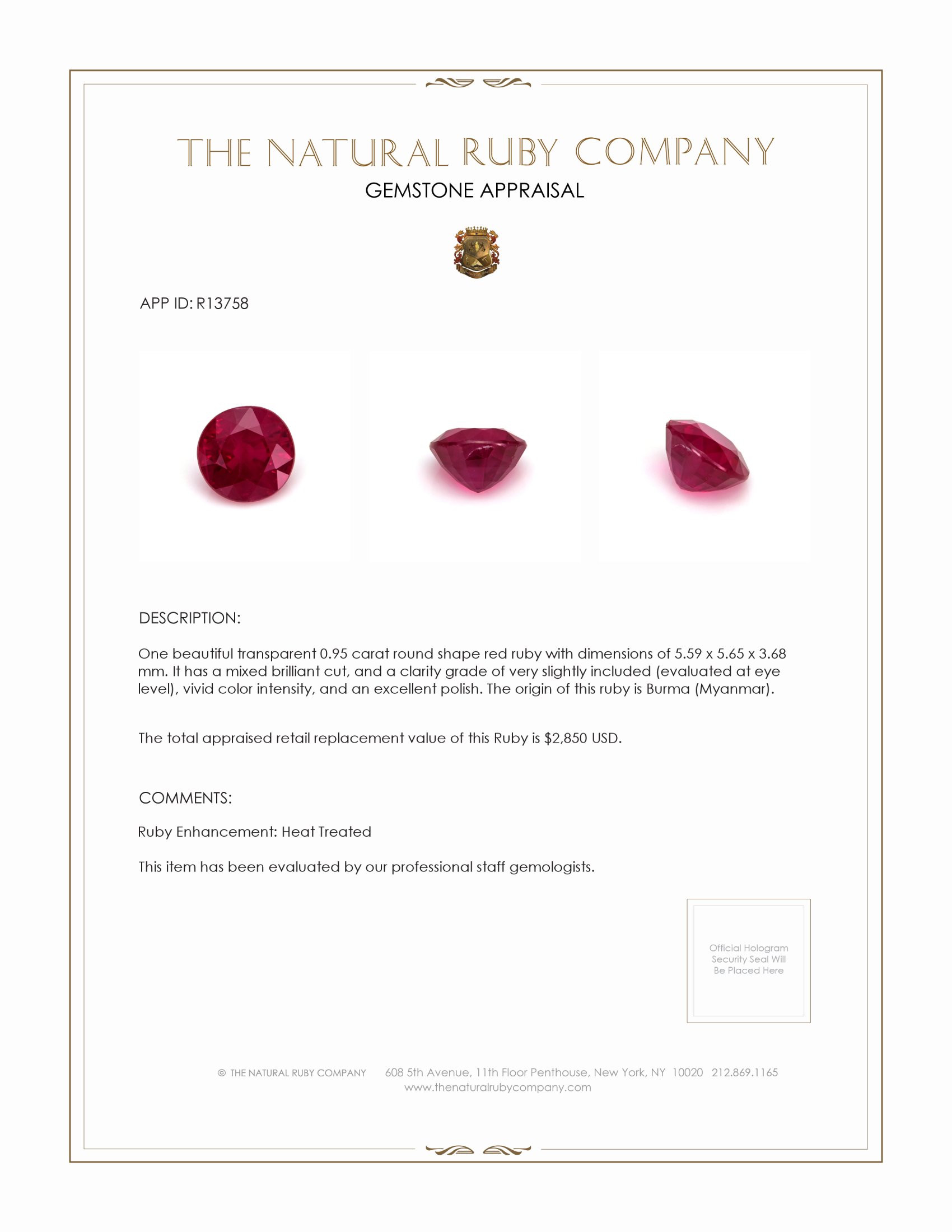 0.95 Ct. Ruby from Burma (Myanmar)