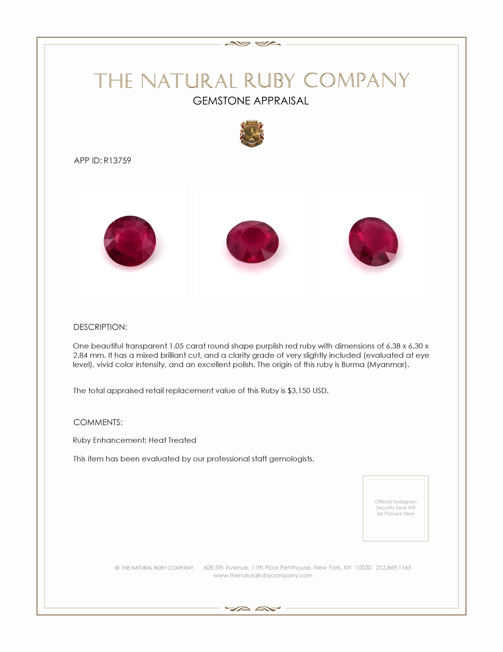 1.05 Ct. Ruby from Burma (Myanmar)