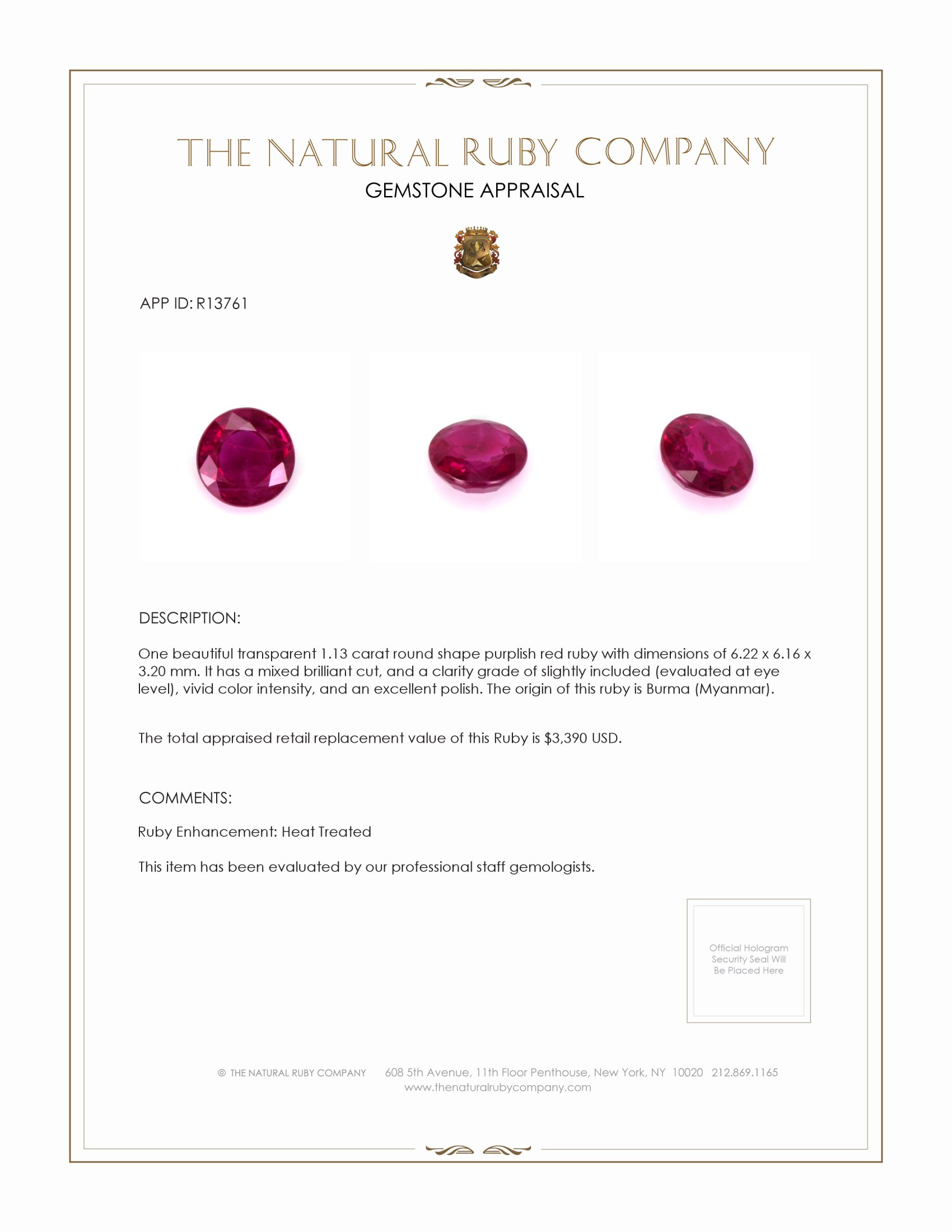1.13 Ct. Ruby from Burma (Myanmar)