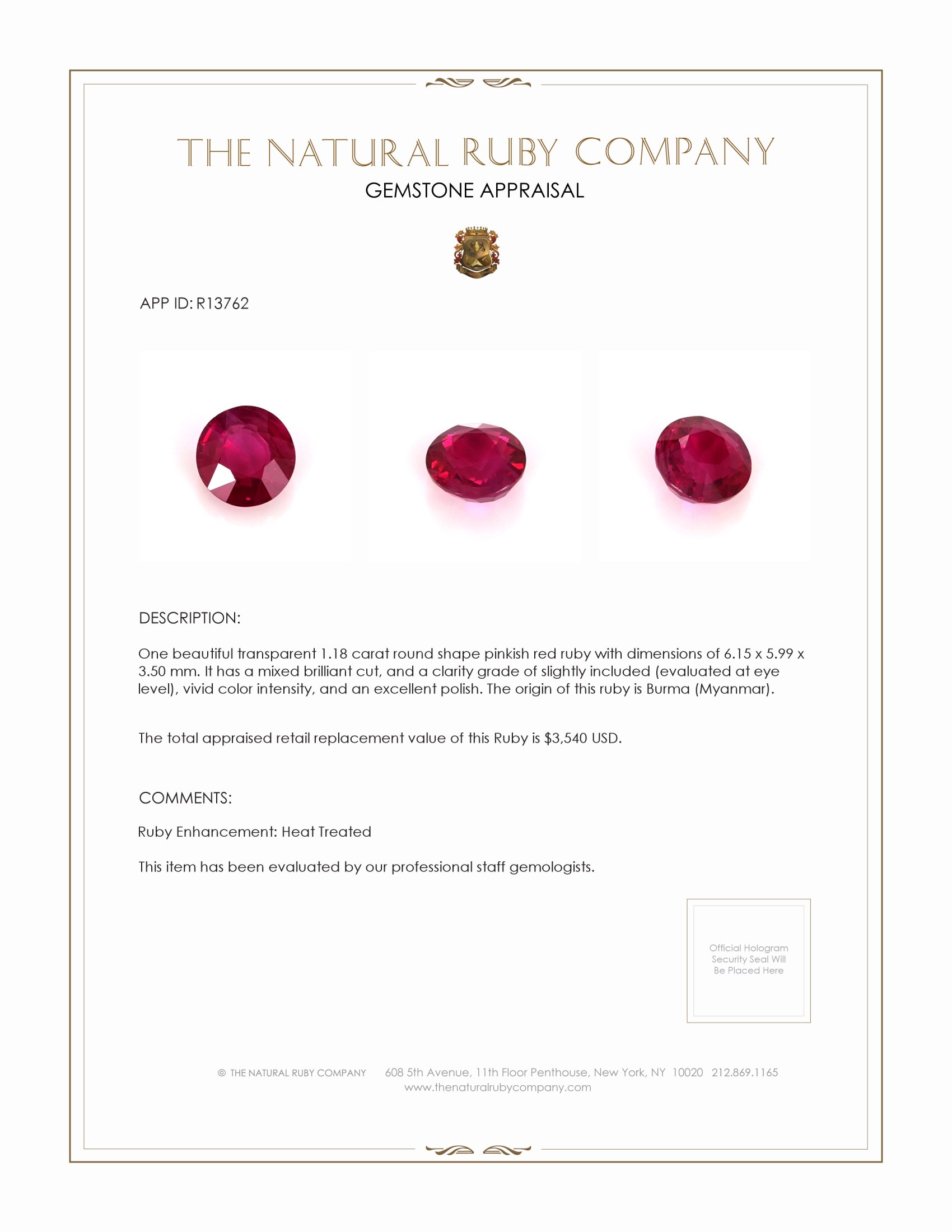 1.18 Ct. Ruby from Burma (Myanmar)