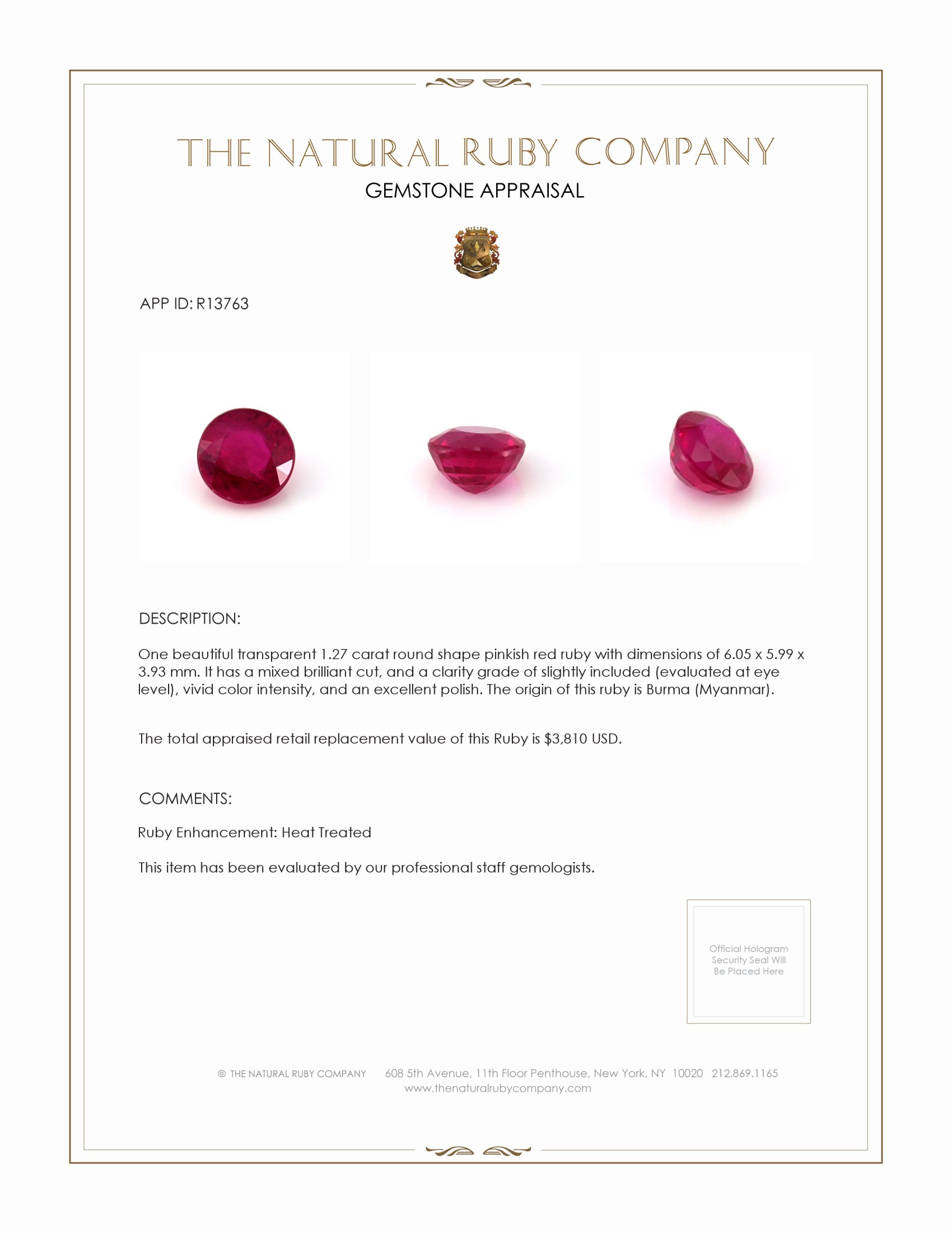 1.27 Ct. Ruby from Burma (Myanmar)