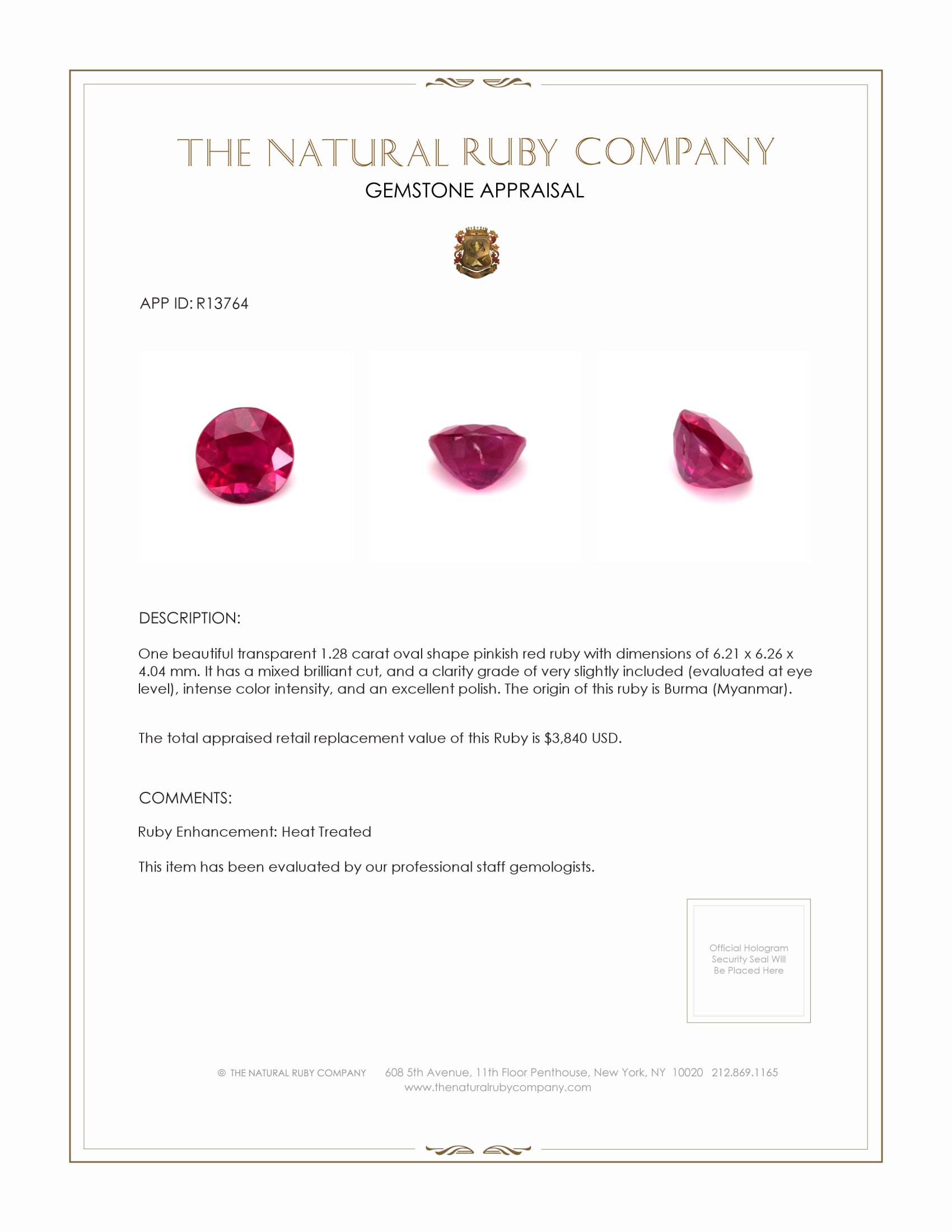 1.28 Ct. Ruby from Burma (Myanmar)