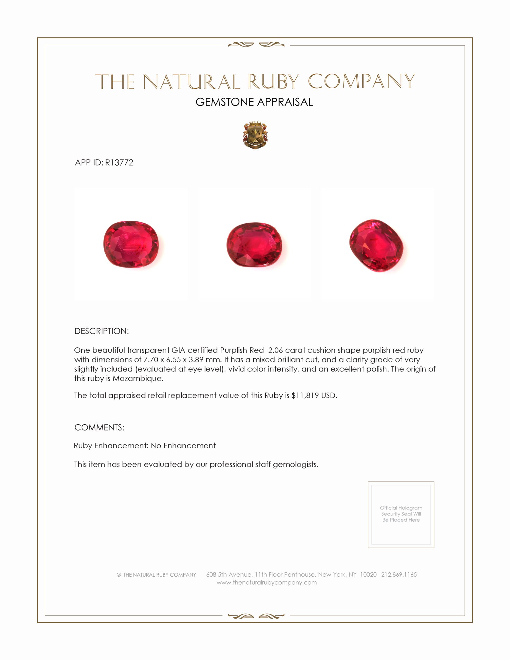 2.06 Ct. Purplish Red Ruby from Mozambique