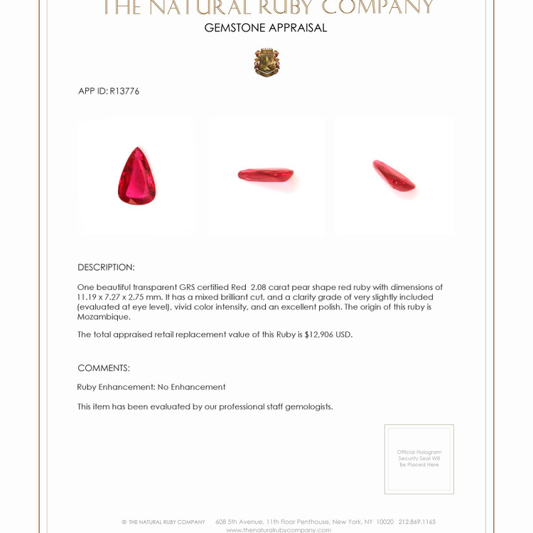 2.08 Ct. Ruby from Mozambique