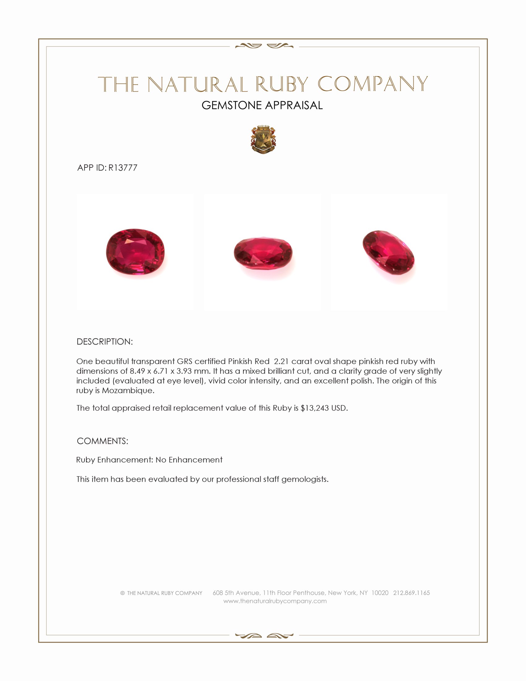 2.21 Ct. Pinkish Red Ruby from Mozambique