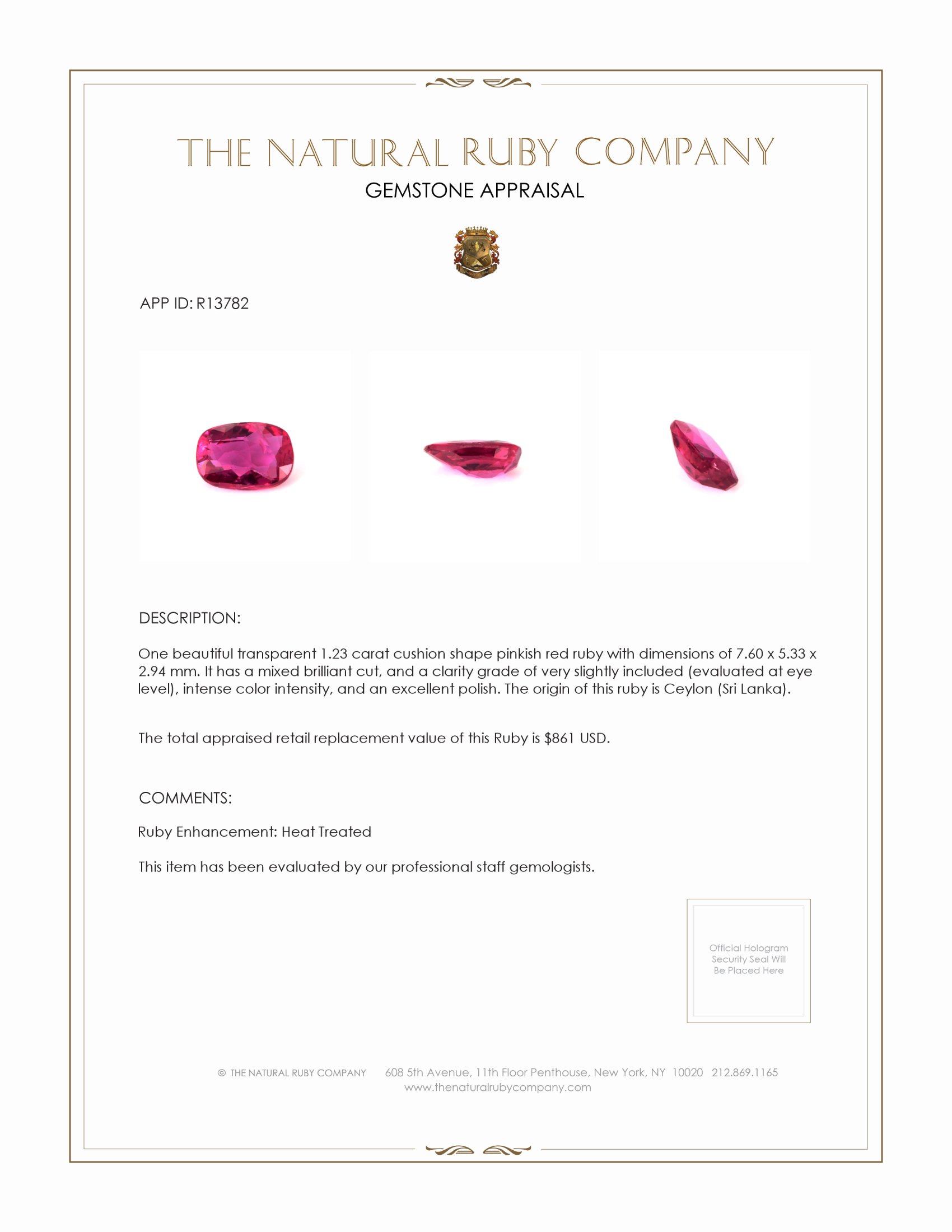 1.23 Ct. Ruby from Ceylon (Sri Lanka)