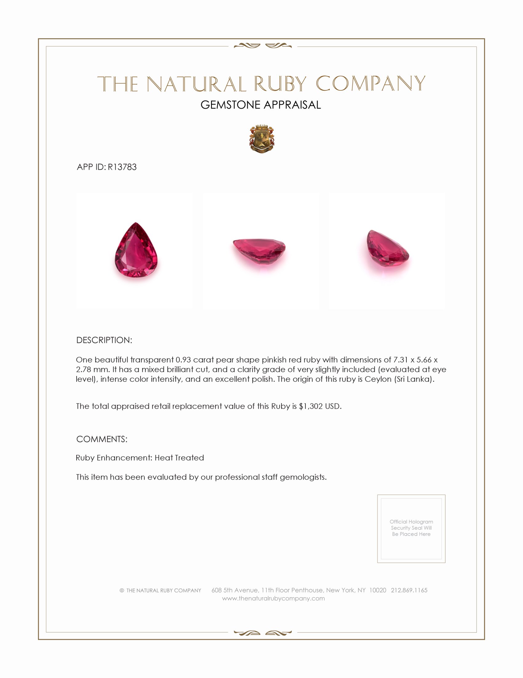 0.93 Ct. Ruby from Ceylon (Sri Lanka)
