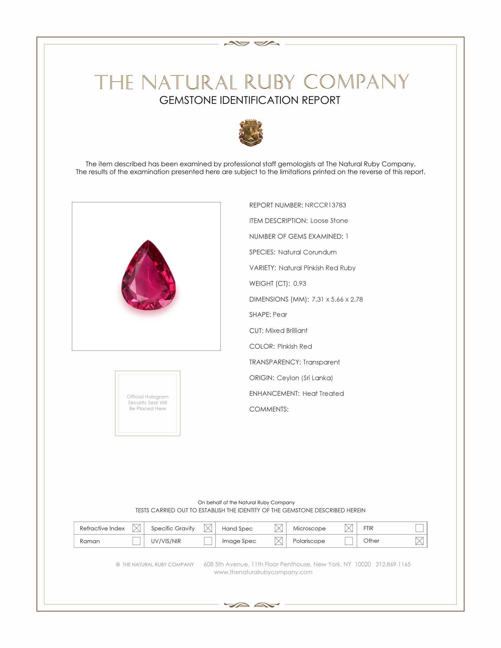 0.93 Ct. Ruby from Ceylon (Sri Lanka)