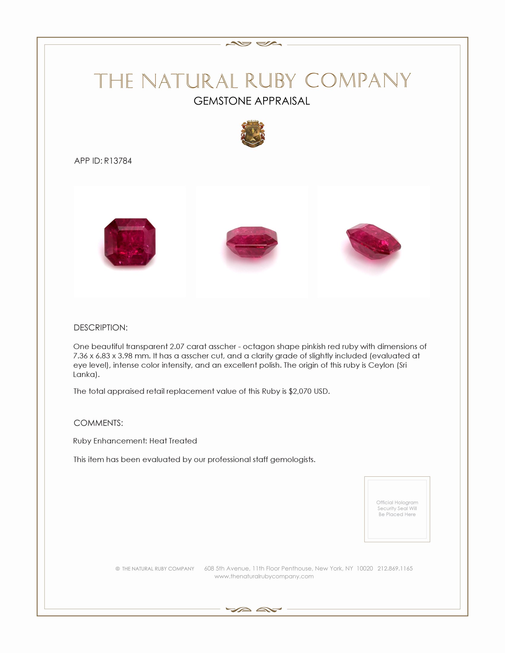 2.07 Ct. Ruby from Ceylon (Sri Lanka)