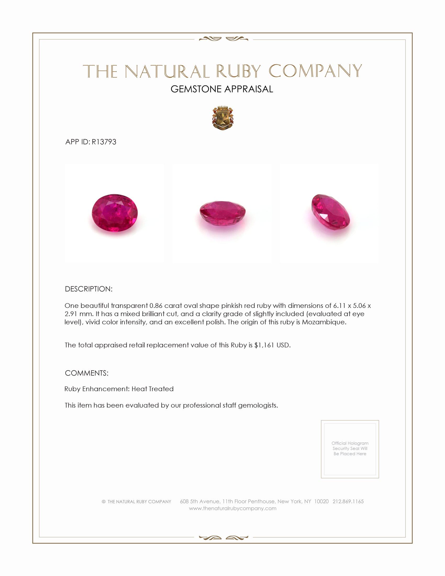 0.86 Ct. Ruby from Mozambique