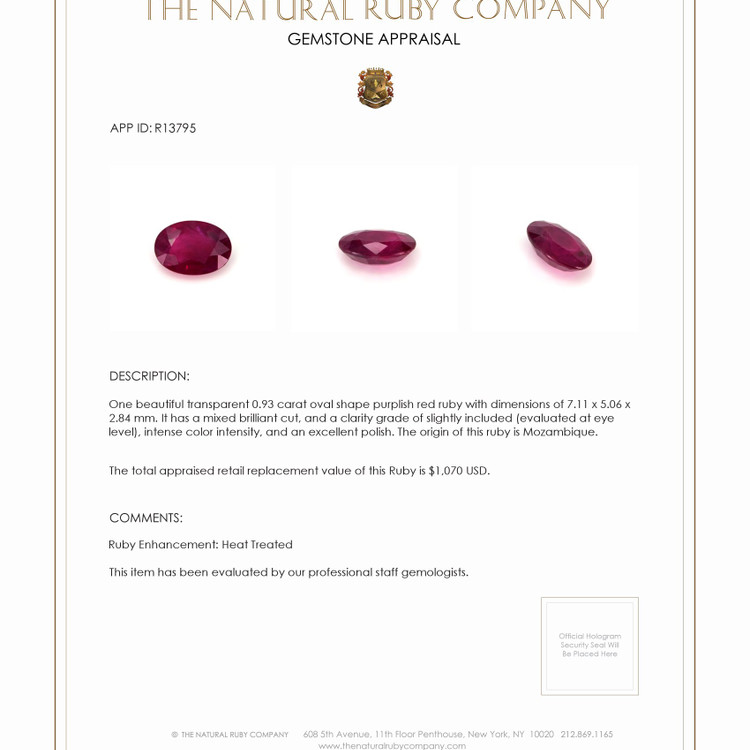 0.93 Ct. Ruby from Mozambique