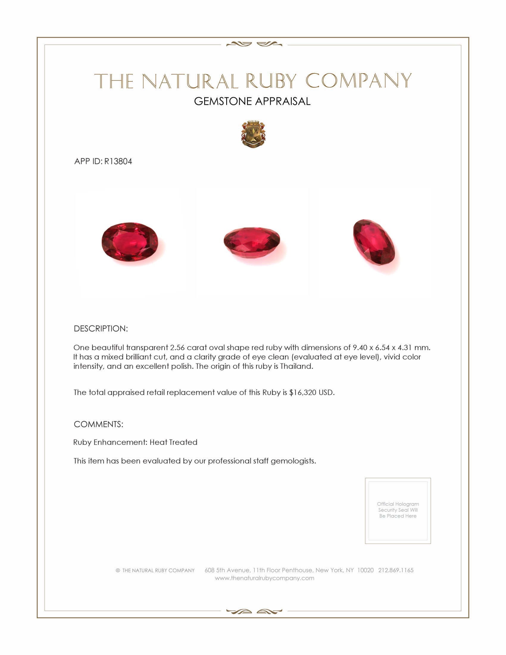 2.56 Ct. Ruby from Thailand