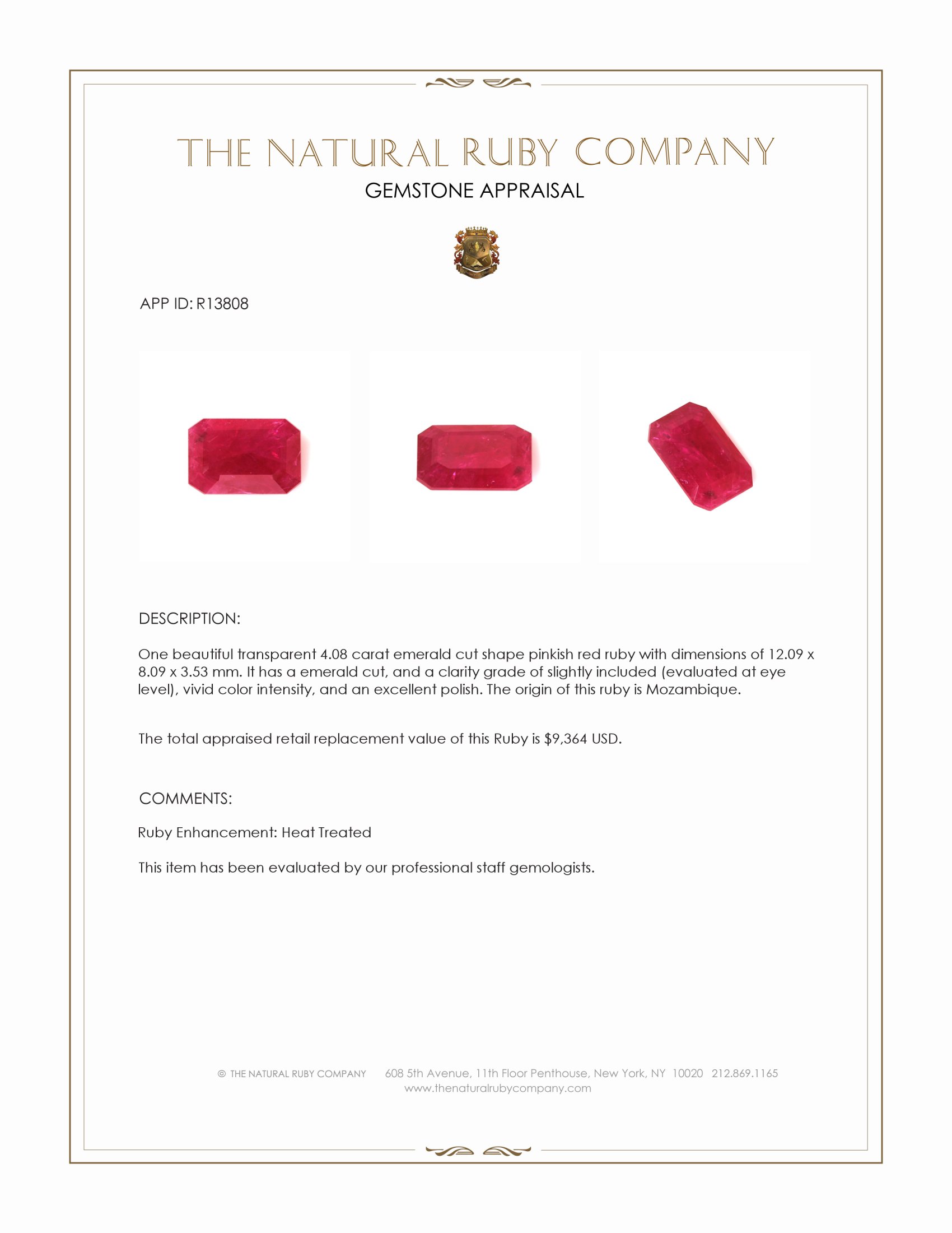 4.08 Ct. Pinkish Red Ruby from Mozambique