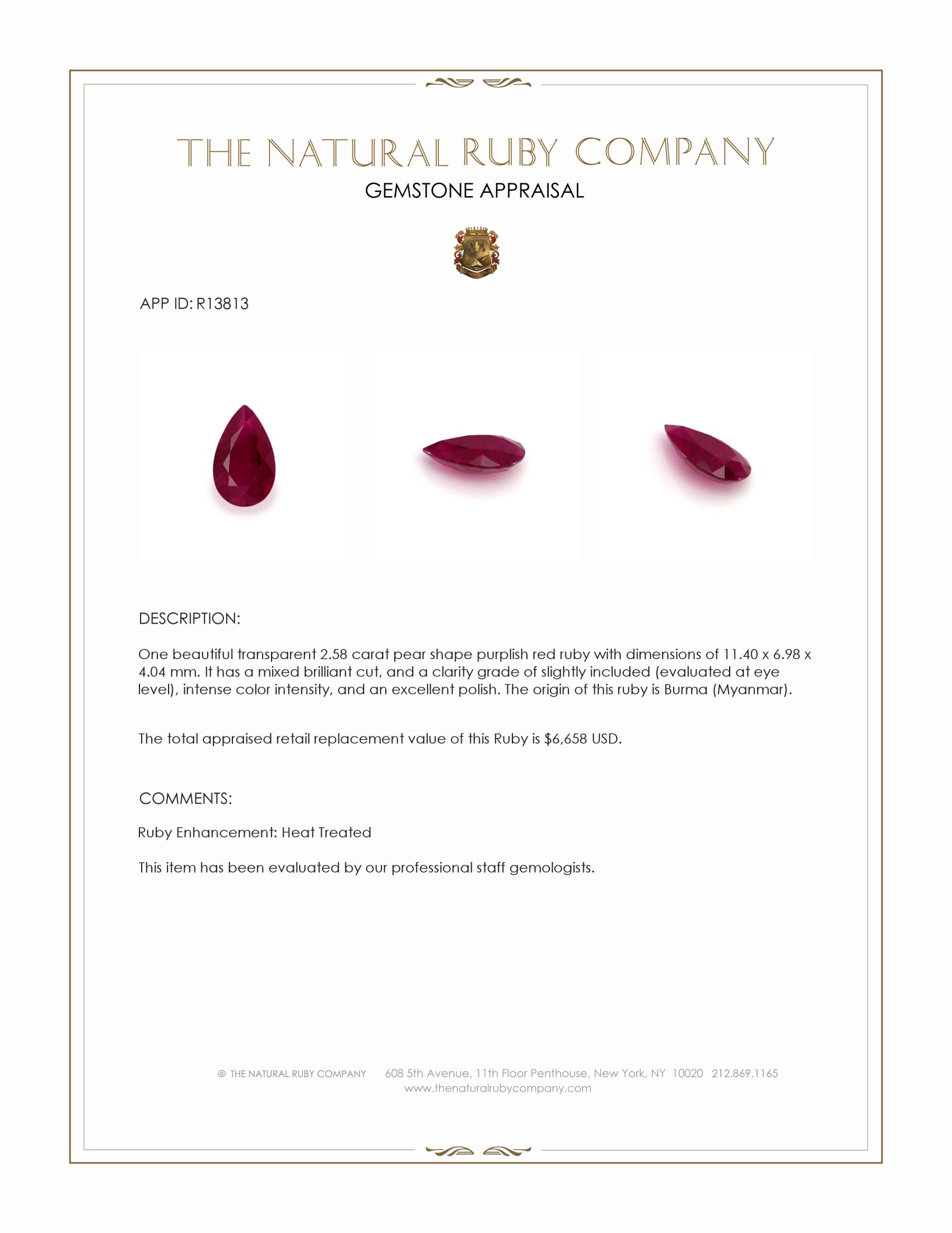 2.58 Ct. Purplish Red Ruby from Burma (Myanmar)