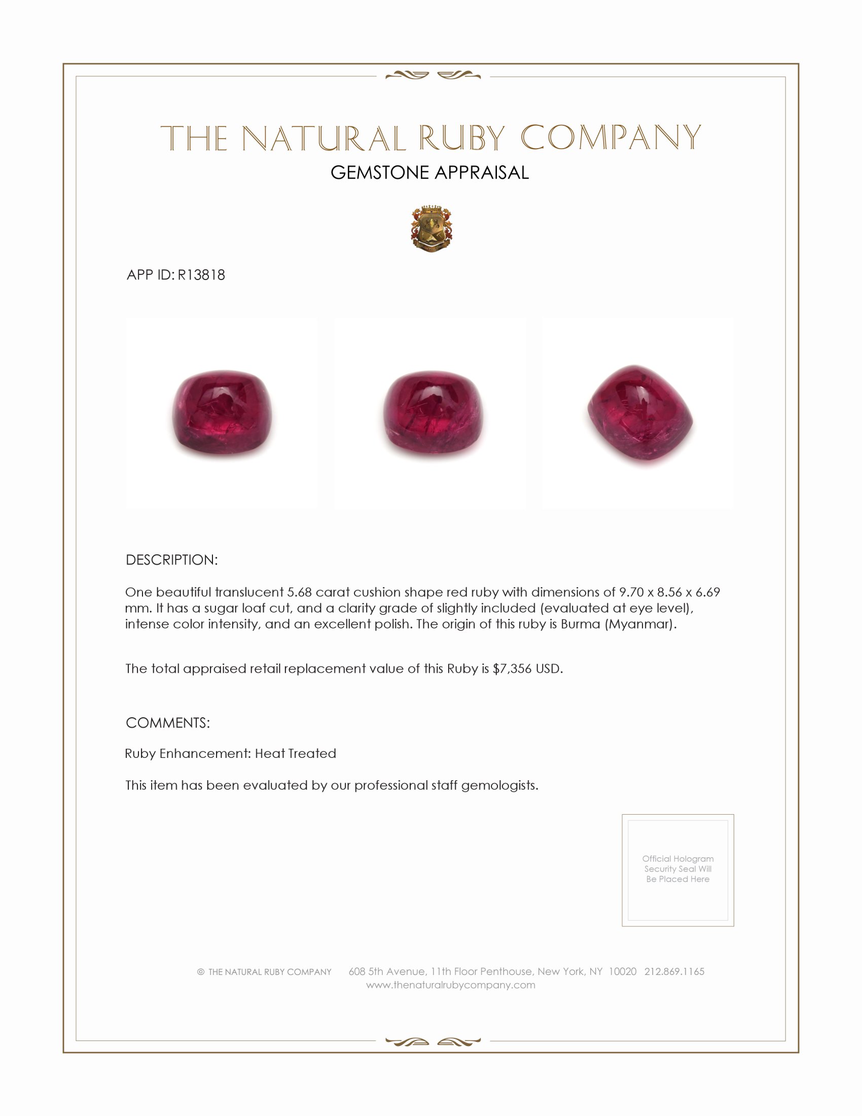 5.68 Ct. Cabochon Ruby from Burma (Myanmar)