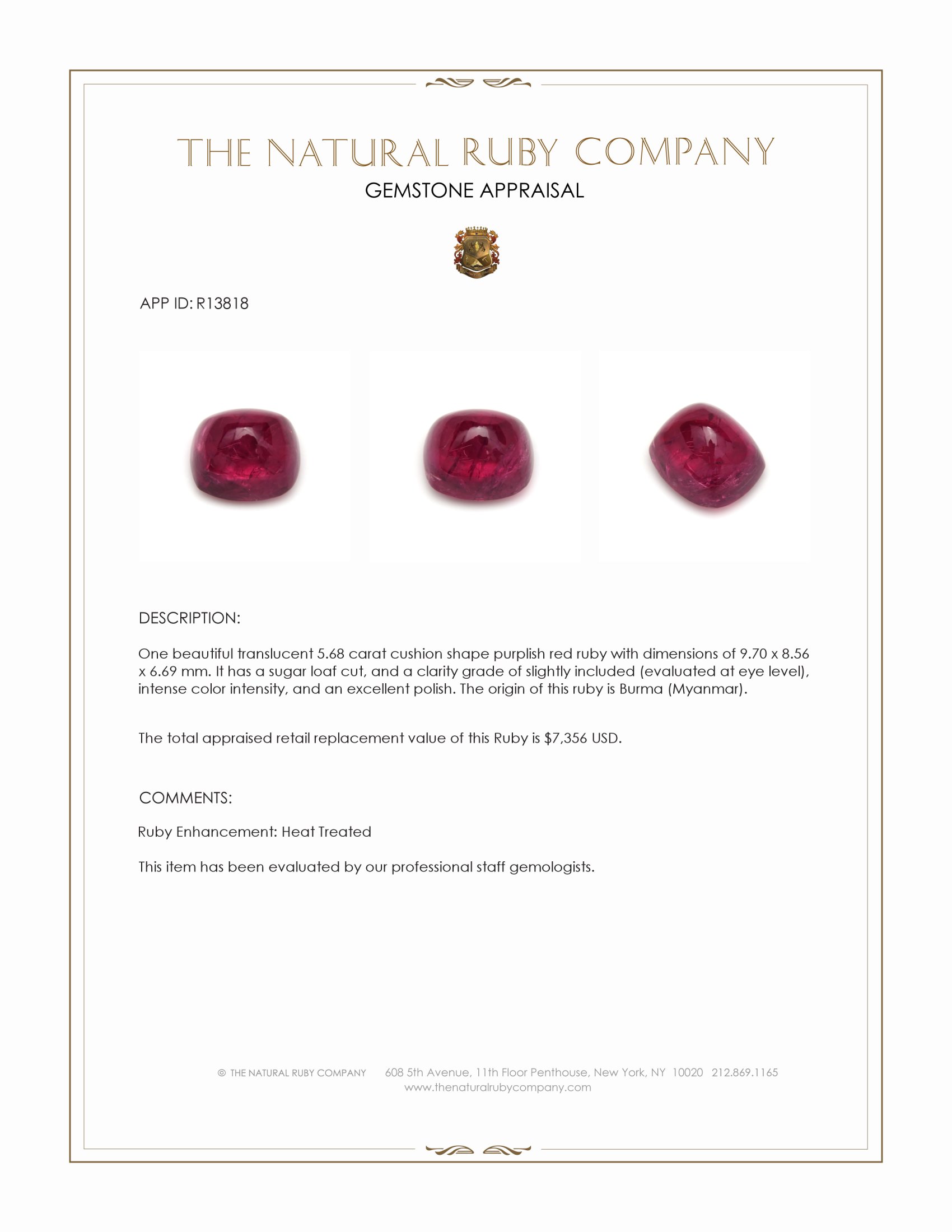 5.68 Ct. Purplish Red Cabochon Ruby from Burma (Myanmar)