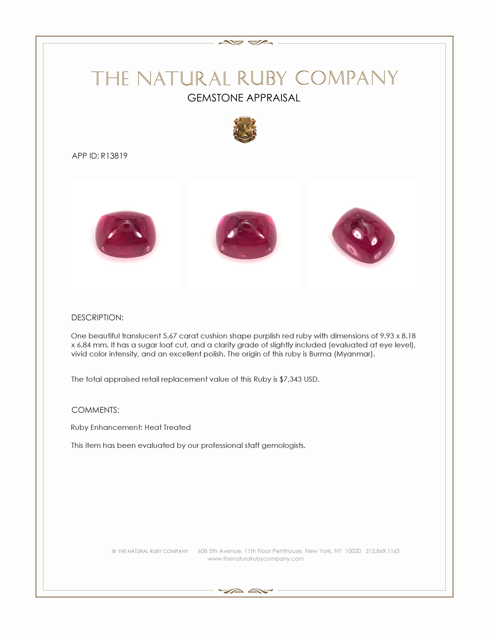 5.67 Ct. Purplish Red Cabochon Ruby from Burma (Myanmar)
