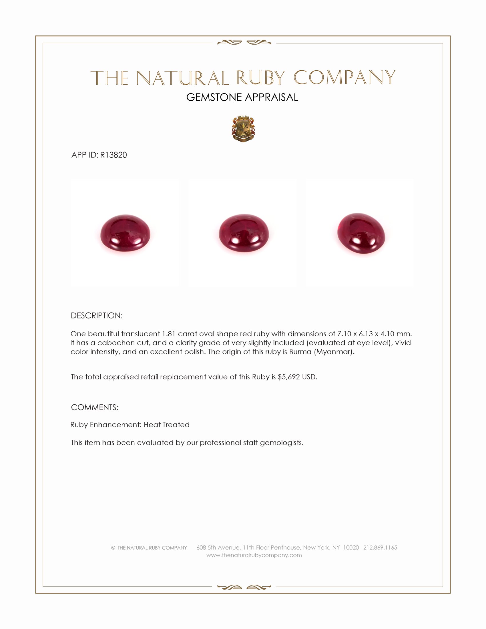 1.81 Ct. Cabochon Ruby from Burma (Myanmar)