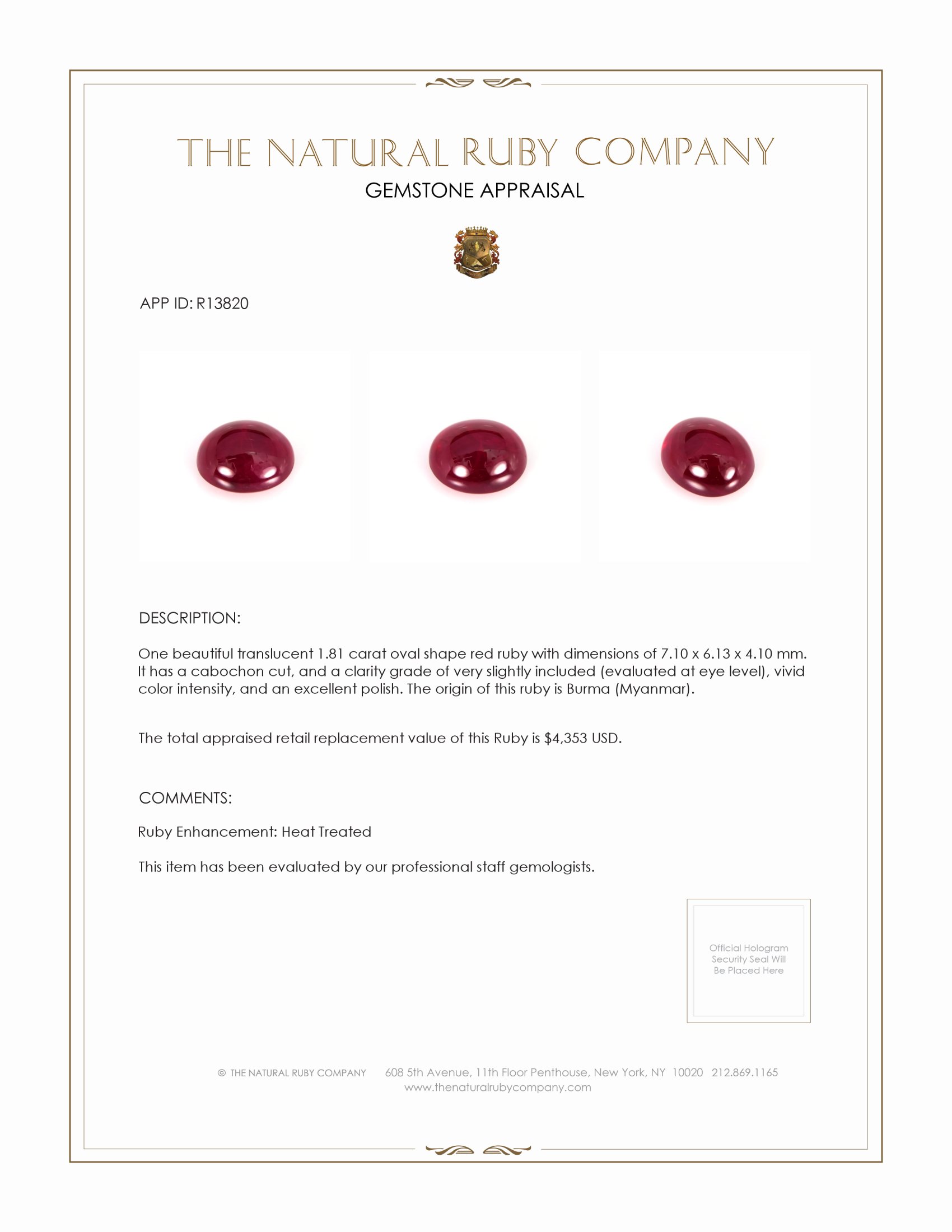 1.81 Ct. Cabochon Ruby from Burma (Myanmar)