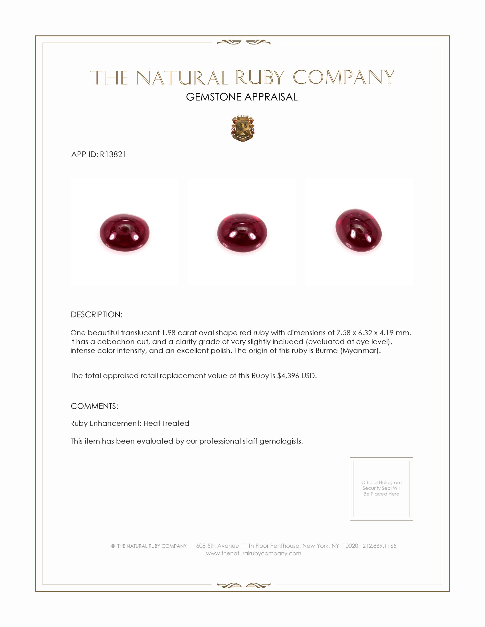 1.98 Ct. Cabochon Ruby from Burma (Myanmar)