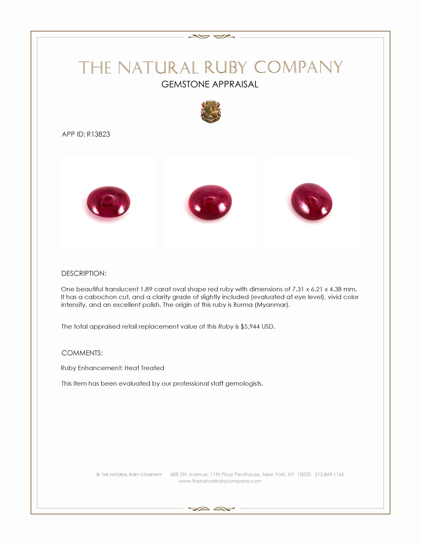 1.89 Ct. Cabochon Ruby from Burma (Myanmar)