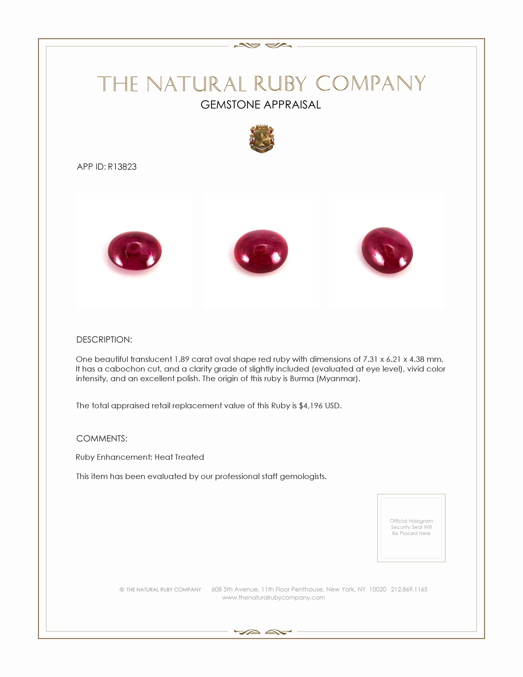 1.89 Ct. Cabochon Ruby from Burma (Myanmar)