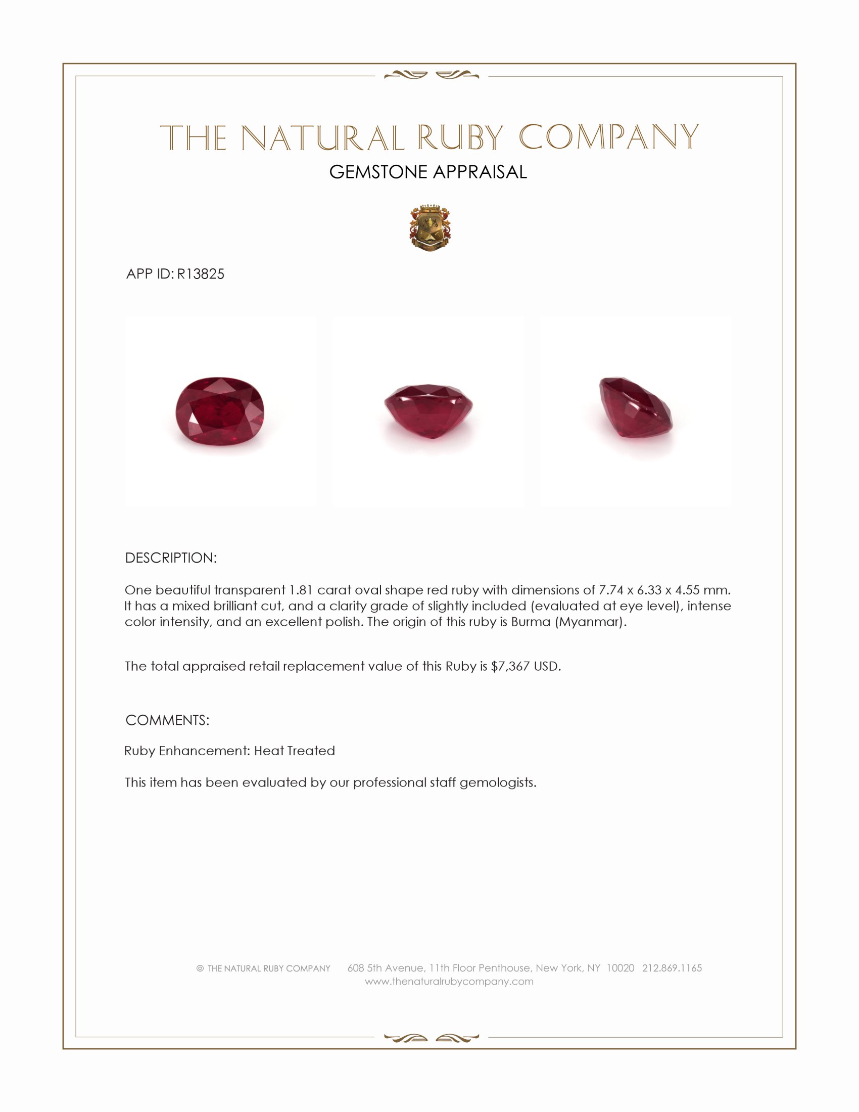 1.81 Ct. Ruby from Burma (Myanmar)