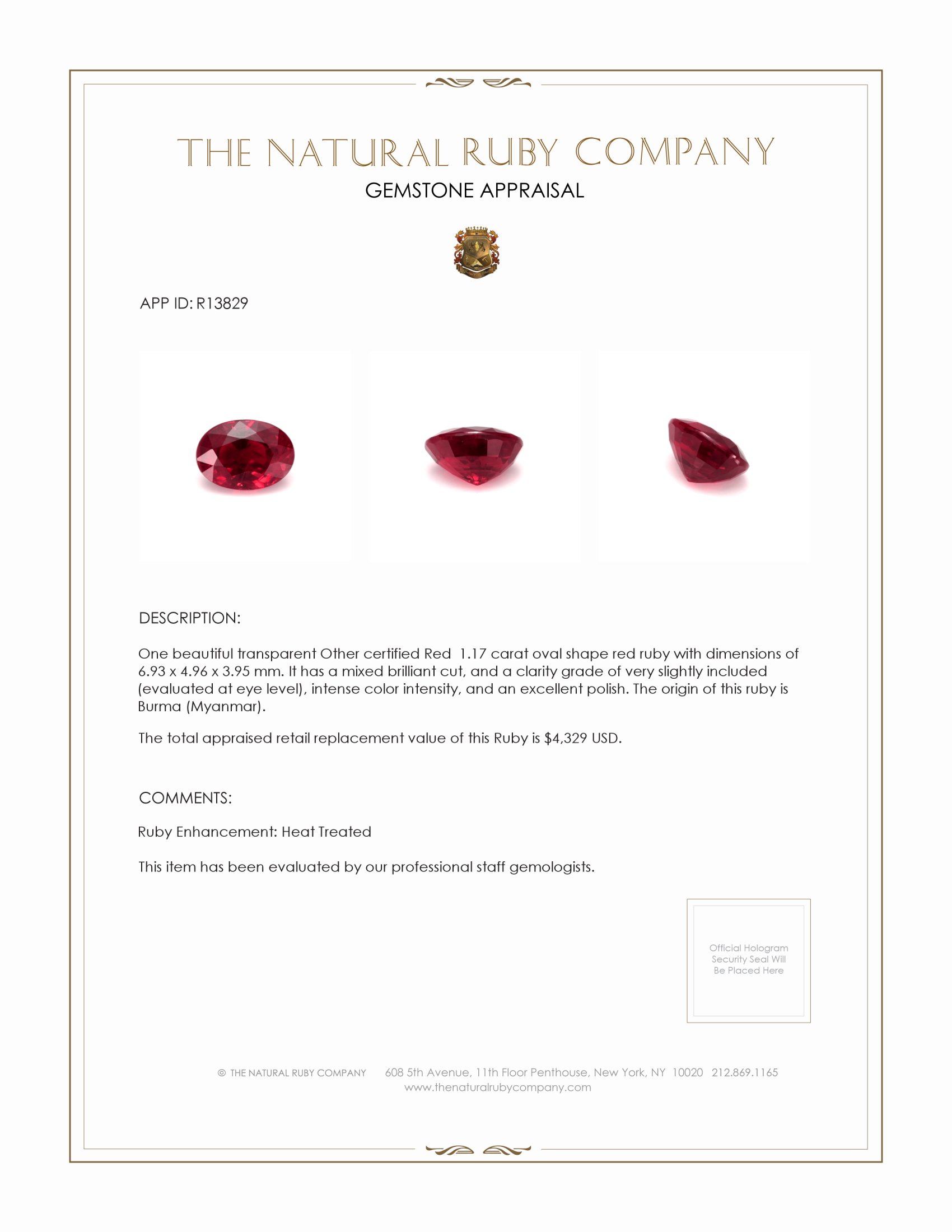 1.17 Ct. Ruby from Burma (Myanmar)